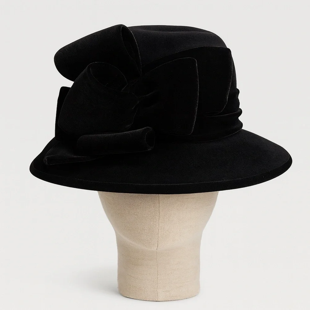 VTG Kokin Black Velvet Wide Brim Bowknot Women's Hat Chic Old Hollywood Retro